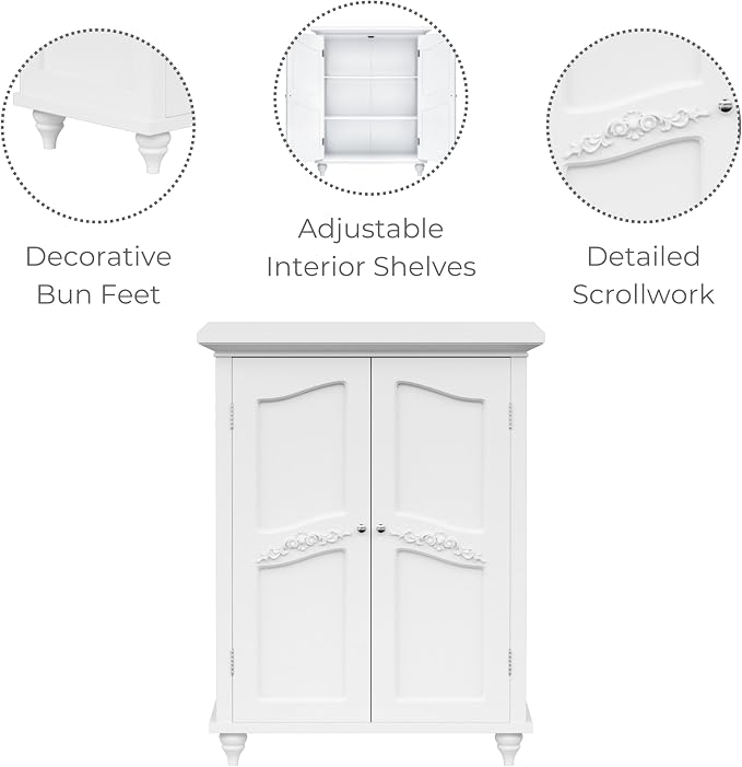 Teamson Home Versailles Wooden Freestanding Floor Storage Cabinet with 2 Adjustable Interior Shelves 3 Storage Spaces and 2 Floral Scroll Doors, White