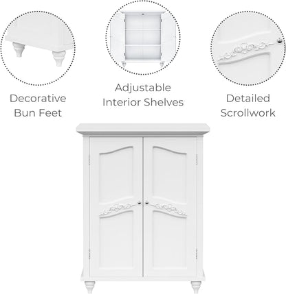Teamson Home Versailles Wooden Freestanding Floor Storage Cabinet with 2 Adjustable Interior Shelves 3 Storage Spaces and 2 Floral Scroll Doors, White