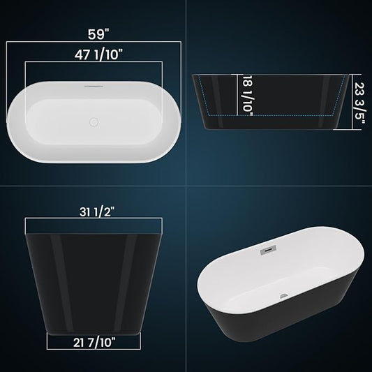 Freestanding Bathtub 59 inch, Acrylic Freestanding Bathtub 59 inch Black & White, Acrylic Stand Alone Tub with Integrated Overflow and Chrome Drain, Modern Free Standing Tub for Bathroom