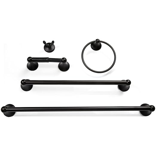 Bathroom Hardware Accessory Set Includes 24’’ Towel Bar, Toilet Paper Holder, Hand Towel bar and Robe Hook - Bathroom Towel Rack Set (5 - Piece Accessories Set, Matte Black)