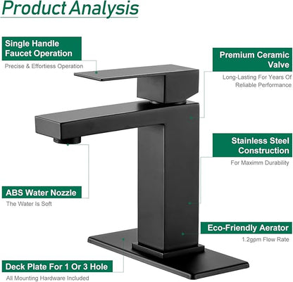 VOTON Bathroom Faucet Matte Black Bathroom Faucet 1 Hole, Stainless Steel Vanity Faucet for Bathroom Sink with Deck Plate Water Supply Hoses