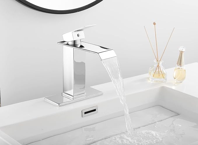 Bathroom Faucet Chrome Waterfall with Pop Up Drain for Sink 1 Hole | Bathroom Sink Faucet Bath Lavatory Vanity Stopper Overflow and Supply Hose Single Handle Square Modern Commercial
