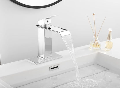 Bathroom Faucet Chrome Waterfall with Pop Up Drain for Sink 1 Hole | Bathroom Sink Faucet Bath Lavatory Vanity Stopper Overflow and Supply Hose Single Handle Square Modern Commercial