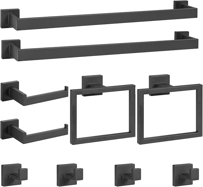 Cilee 10-Pieces Matte Black Bathroom Hardware Set, 24 inch Towel Bar Set | Towel Bar, Square Towel Ring Toilet Paper Holder Towel Hook, Bathroom Accessories Wall-Mounted Stainless Steel Towel Rack Set