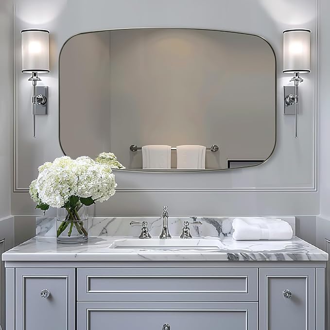 Brushed Nickel Bathroom Mirror, 30x40” Oblong Mirror with Stainless Steel Metal Frame, Silver Oval Vanity Mirror for Over Sink, Modern Anti Rust Wall Mounted