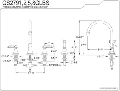 Kingston Brass GS2798GLBS Georgian Widespread Two Handle Kitchen Faucet with Matching Brass Sprayer, 8-1/4-Inch in Spout Reach, Brushed Nickel