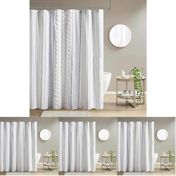 INK+IVY Tufted Chenille 100% Cotton Shower Curtains Machine Washable, Modern Home Bathroom Décor Bathtub Privacy Screen, 72" W x 72" L, White/Navy (Pack of 4)