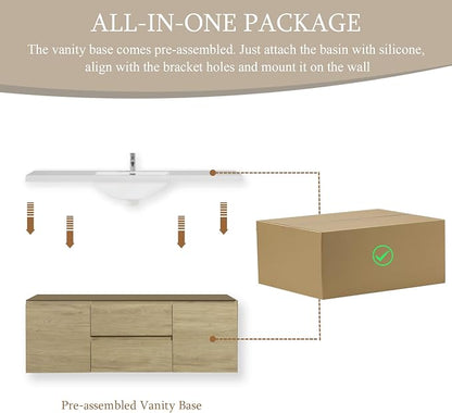 60 Inch Floating Bathroom Vanity with Sink, Large Storage Wall Mounted Floating Vanity with Soft Close Drawers, One-Piece Basin Bathroom Sink Cabinet (Natural Oak, 60")