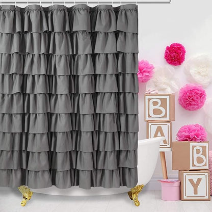 Gray Ruffle Shower Curtains For Bathroom, 72x72, Layered Tiered Ruffles | Handcrafted Ruched Ruffles, 72 x 72 Inch, Soft Brushed Microfiber, 12 Hooks Included, Machine Washable Design, Elevates Bath