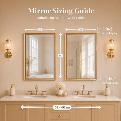 2 Pack 24x36 Inch Brushed Gold Bathroom Mirrors for Over Sink | Curved Aluminum Frame Rectangle Vanity Mirror Set for Double Sink, HD Tempered Glass, Anti-Rust, Horizontal or Vertical
