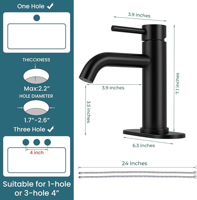 Matte Black Bathroom Faucet Single Handle Bathroom Sink Faucet | with Pop-up Drain & Deck,Supply Hoses,Stainless Steel Bathroom Sink Faucet 1/3 Hole,Water-saving aerator,Fits home,RV