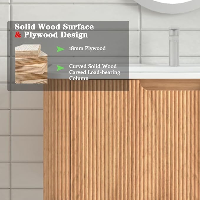 24'' Floating Bathroom Vanity with Sink, Wall Mounted Modern Bathroom Cabinet W/Curved Edges Stripes, Oak & Plywood, Pre-Assembled with Integrated Ceramic Basin – Havana, Natural Oak