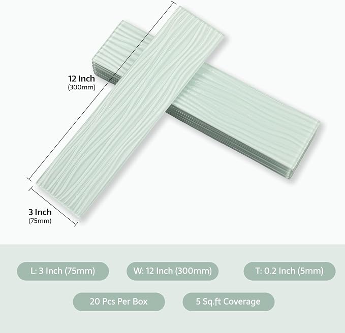 Peel and Stick Glass Subway Tile 3x12 Inch Light Green Glass Tiles for Kitchen Backsplash Shower Bathroom Wall(20 Pcs)