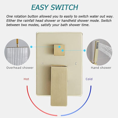 12 Inch Ceiling Mount ‎Brushed Gold Shower System Bathroom Luxury Rain Mixer Shower Combo Set Ceiling Rainfall Shower Head System (Contain Shower Faucet Rough-in Valve Body and Trim Kit)