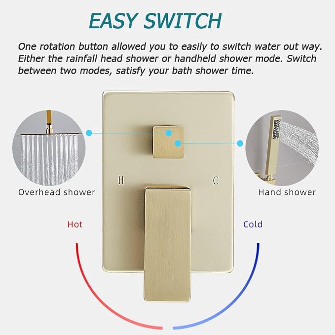 10 Inch Ceiling Mounted Shower System Rain Mixer Shower Combo Set Rainfall Shower Head System ‎Brushed Gold Shower Faucet Rough-in Valve Body and Trim Kit Included