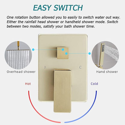 10 Inch Ceiling Mounted Shower System Rain Mixer Shower Combo Set Rainfall Shower Head System ‎Brushed Gold Shower Faucet Rough-in Valve Body and Trim Kit Included