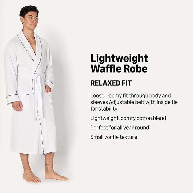 Amazon Essentials Men's Lightweight Cotton Waffle Bath Robe, Mid-Length Loungewear (Available in Big & Tall)
