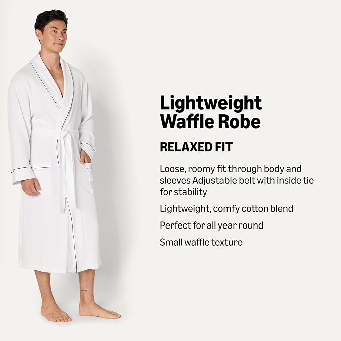 Amazon Essentials Men's Lightweight Cotton Waffle Bath Robe, Mid-Length Loungewear (Available in Big & Tall)