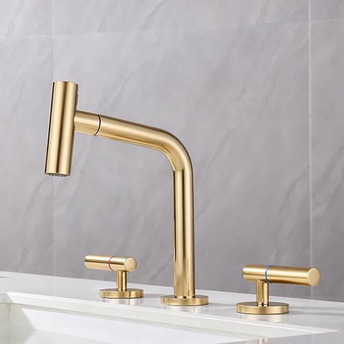 3 Hole Basin Faucets Pull Out Basin Mixer Faucet Bathroom Mixer Faucet Double Handle 2 Mode Brass-Brushed Gold