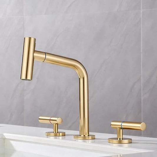 3 Hole Basin Faucets Pull Out Basin Mixer Faucet Bathroom Mixer Faucet Double Handle 2 Mode Brass-Brushed Gold