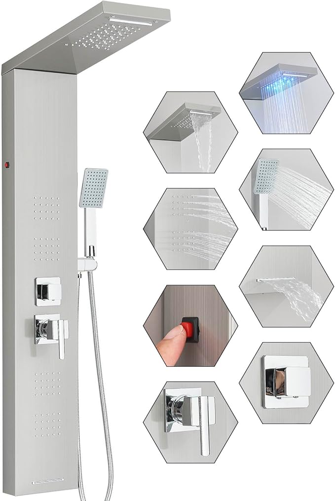 FUZ Shower Panel Tower System, Stainless Steel 5 IN 1 Shower Panel System with LED Fancy Rain Shower Head and Handheld, Adujstable Rainfall Massage Body Jets and Tub Spout, Brushed Nickel Shower Tower