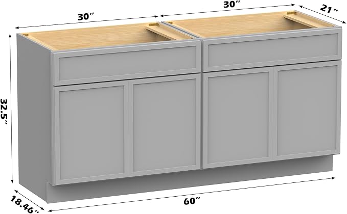 60 Inch Bathroom Vanity Base Only, Double Vanity Cabinet with Soft Closing Door, 2ea 30 inch Cabinet, Without Top,Grey