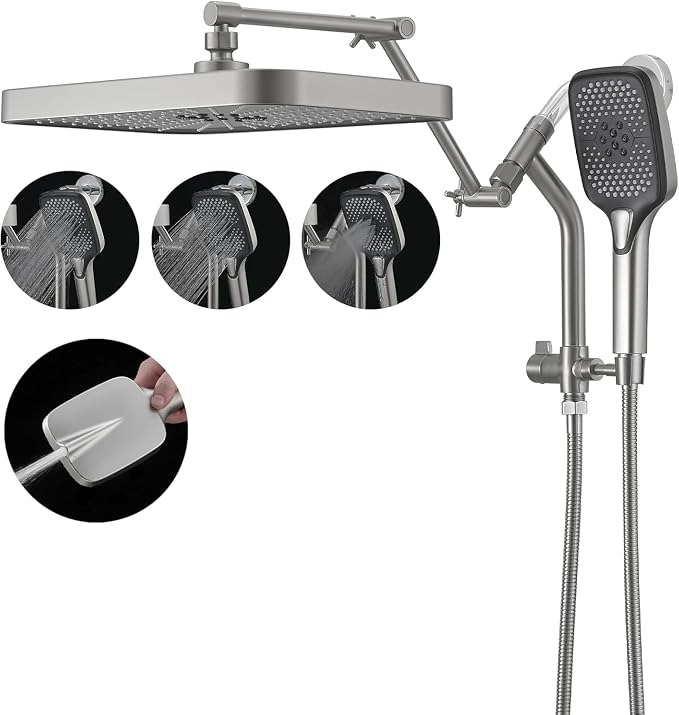 14" High Pressure Rain/Rainfall Shower Heads With Handheld Spray Combo (3+1 Settings & Built-in Power Wash Mode), Double/Dual Shower Head With Handheld - Height/Angle Adjustable(Brushed Nickel)
