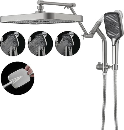 14" High Pressure Rain/Rainfall Shower Heads With Handheld Spray Combo (3+1 Settings & Built-in Power Wash Mode), Double/Dual Shower Head With Handheld - Height/Angle Adjustable(Brushed Nickel)