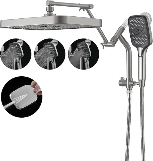 14" High Pressure Rain/Rainfall Shower Heads With Handheld Spray Combo (3+1 Settings & Built-in Power Wash Mode), Double/Dual Shower Head With Handheld - Height/Angle Adjustable(Brushed Nickel)