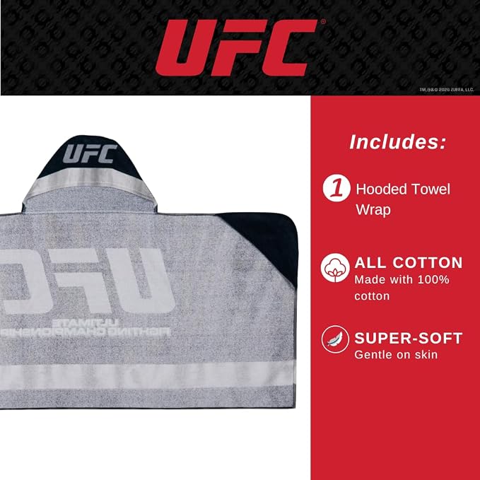 UFC Fight Night Super Soft Bath/Pool/Beach Soft Cotton Terry Hooded Towel Wrap, 24 in x 50 in, (100% Officially Licensed Product) By Franco