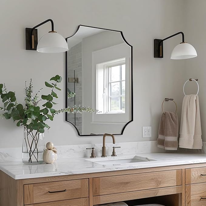 20"x30" Bathroom Mirror, Matte Black Vanity Mirror, Scalloped Rectangle Mirror in Premium Stainless Steel Frame, Scalloped Corners Design, Compact Size Ideal for Small Bathroom Remodel