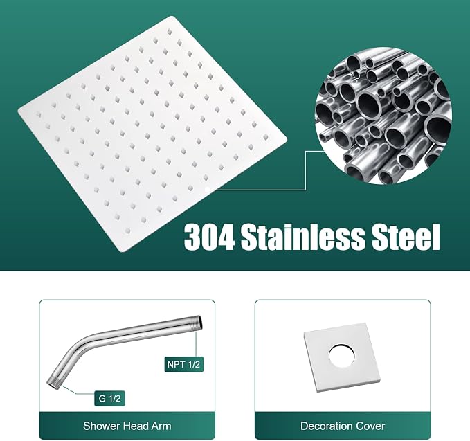 Heyalan 8-Inch Square Rain Shower Faucet Set with Valve, Polished Chrome | SUS304 stainless steel shower head, male NPT 1/2-inch valve, single-handle control, adjustable angle, 1.8 GPM