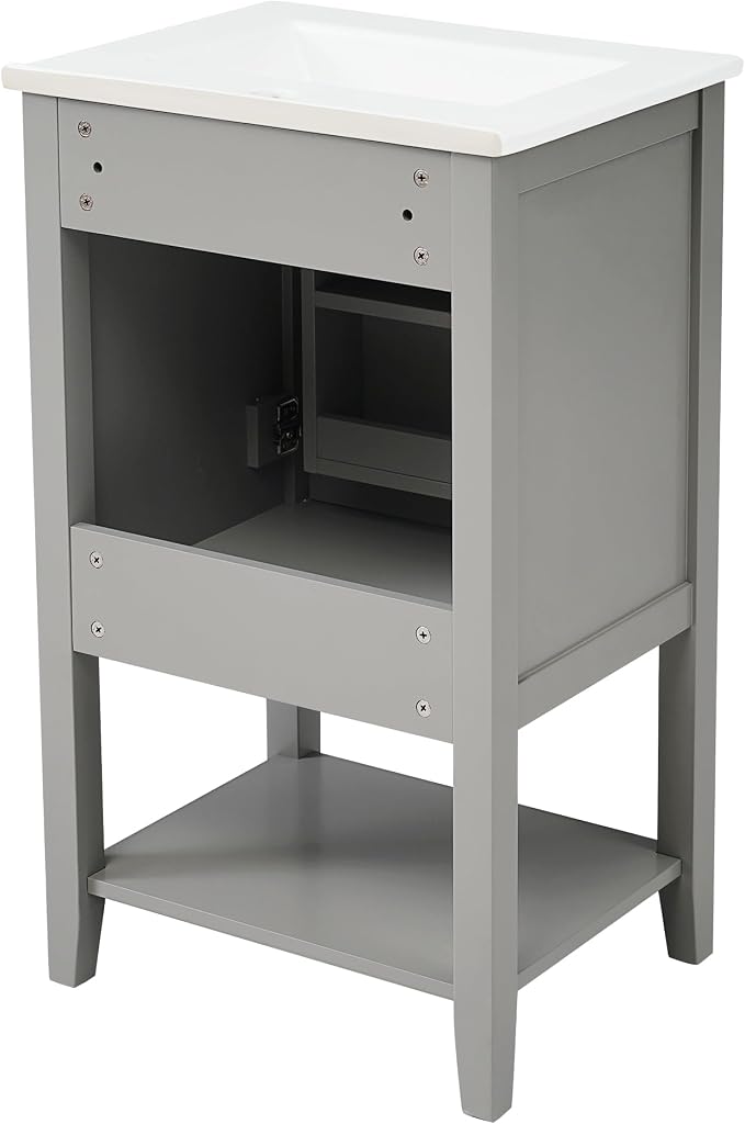20" Bathroom Vanity Cabinet with Ceramic Sink Top Set, Freestanding, Two-Tier Storage Rack, Soft Closing Door, Grey