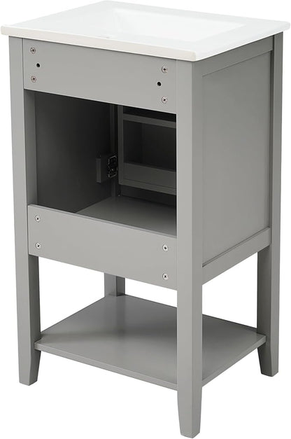 20" Bathroom Vanity Cabinet with Ceramic Sink Top Set, Freestanding, Two-Tier Storage Rack, Soft Closing Door, Grey