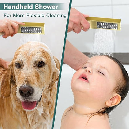 Shower System Shower Faucet Set, STARBATH 10" Wall Mount Rain Shower Head and Handheld Spray for Two Person, Rainfall Shower System with Diverter Valve and Trim Kit Complete,Brushed Gold
