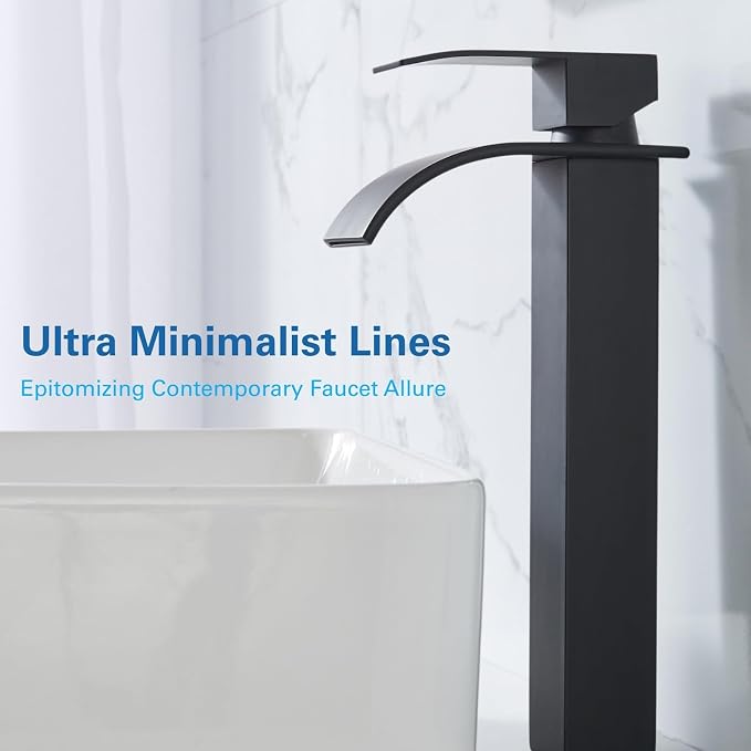Vessel Sink Faucet, Tall Matte Black Waterfall Bathroom Faucet Single Handle One Hole Stainless Steel Mixer Tap Bowl Lavatory Vanity Faucet UF-FJT016B