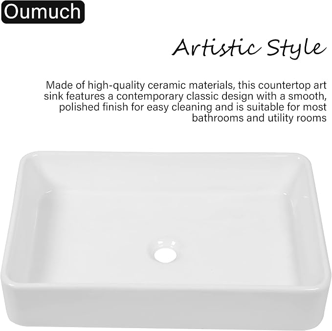 Vessel Sink Bathroom 24”x16” White Rectangle Vanity Sink for Bathroom Modern Ceramic Porcelain Bathroom Sinks above Counter Art Basin