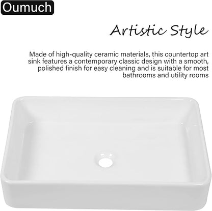 Vessel Sink Bathroom 24”x16” White Rectangle Vanity Sink for Bathroom Modern Ceramic Porcelain Bathroom Sinks above Counter Art Basin