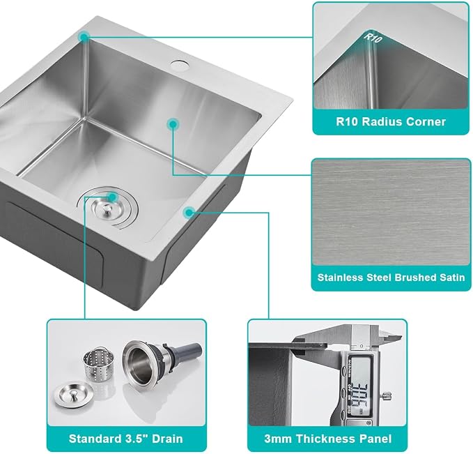 15 x 17 Inch Drop in Sink, Single Bowl Stainless Steel Handmade | 8" Deep Topmount Bar Sink with 1 Faucet Hole, Brushed Finish, Perfect for RV,Caravan and Small Home Kitchen
