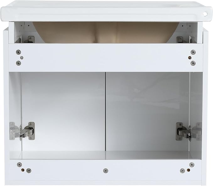 SSLine 60-Inch Double Sink Vanity Modern Wall Mounted Bathroom Vanity with Double Ceramic Sink 60" Large Floating Bathroom Vanities Set with Middle Storage Shelf & 2 Cabinet (White)