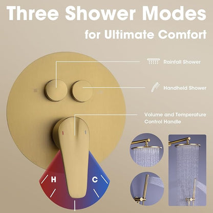 TRUSTMI 10" Push Button Rain Shower, Pressure Balanced Valve, Brushed Gold | Solid brass wall mount kit with handheld sprayer. cUPC anti-scald valve protects the whole family.