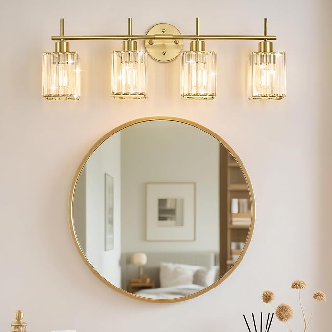 Brushed Gold Bathroom Light Fixtures, Square, 4-Light | Vanity Lights with Crystal Shades, Modern Bathroom Lighting Fixtures over Mirror (Bulbs Not Included, E26)