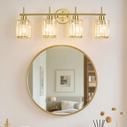 Brushed Gold Bathroom Light Fixtures, Square, 4-Light | Vanity Lights with Crystal Shades, Modern Bathroom Lighting Fixtures over Mirror (Bulbs Not Included, E26)