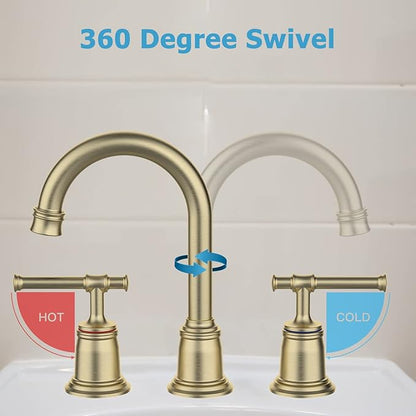 Classical Bathroom faucets for Sink 3 Holes, 8 inch Bathroom Faucet, Widespread Brushed Gold Bathroom Faucet with Pop Up Drain and cUPC Lead-Free Hose (Brushed Gold) (VC-FC-PHO_0VM395RW)