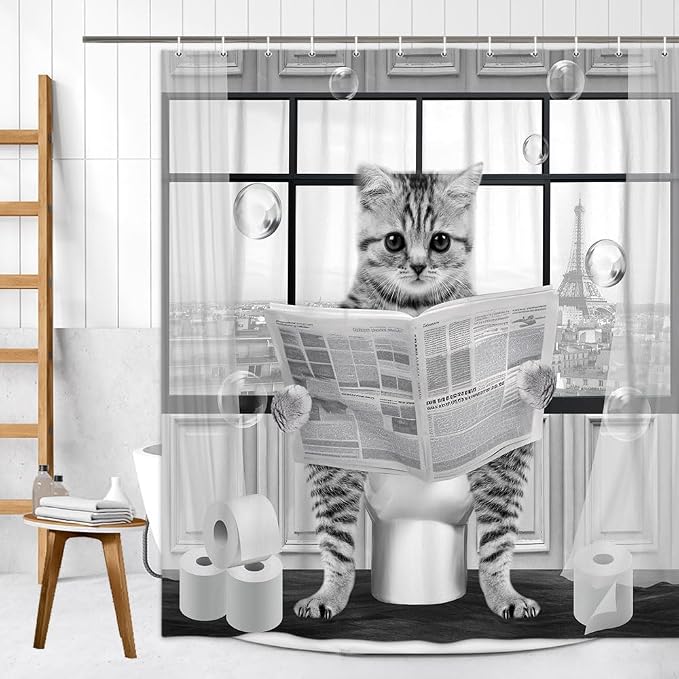 Cute Cat Shower Curtain, Funny Cat Reading on Toilet Shower Curtain Set, Black White Grey Fabric Shower Curtains for Kids Bathroom with Hooks 72X72inches
