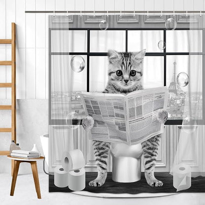 Cute Cat Shower Curtain, Funny Cat Reading on Toilet Shower Curtain Set, Black White Grey Fabric Shower Curtains for Kids Bathroom with Hooks 72X72inches