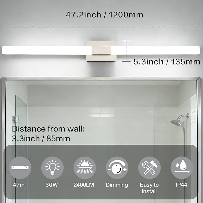 Brushed Nickel Dimmable Vanity Light - Extra Long Modern Bathroom Light Fixtures Over Mirror 28W Brightness IP44 Waterproof