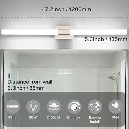 Brushed Nickel Dimmable Vanity Light - Extra Long Modern Bathroom Light Fixtures Over Mirror 28W Brightness IP44 Waterproof