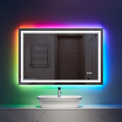 40x24 Inch RGB LED Bathroom Mirror with Lights | Front and RGB Backlit, Dimmable, Memory, Anti Fog, Shatterproof, Horizontal/Vertical, Lighted Mirrors for Bathroom Wall