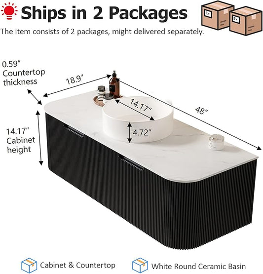 48" Floating Bathroom Vanity with Sink, Plywood Bathroom Vanities with Ultra-Thin Ceramic Basin and Marble Top, 2 Large Soft-Closing Storage Drawers, Pre-Assembled Cabinet, Gloss Black
